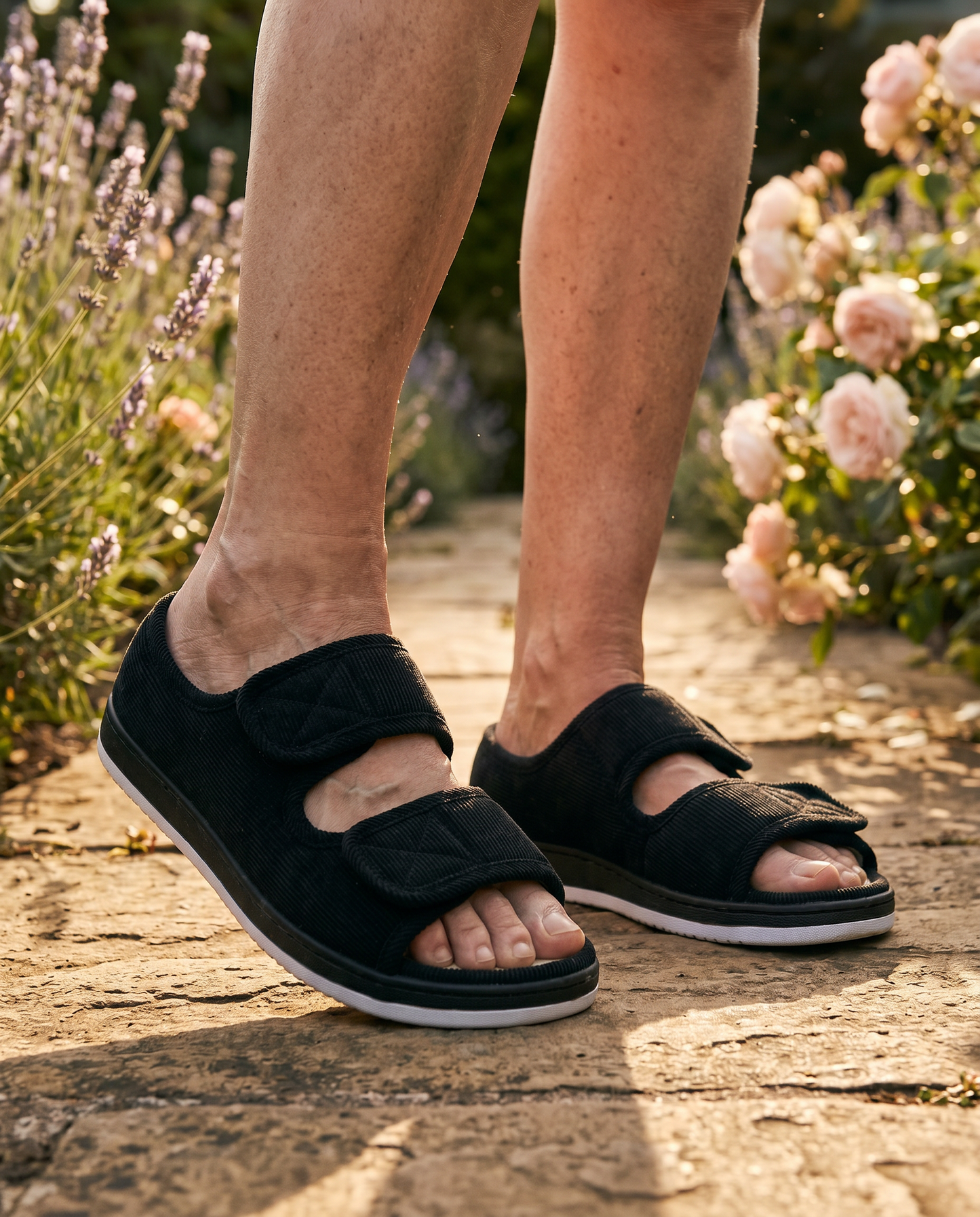 Adjustable Comfort Sandal worn on a garden walk — straps let out for afternoon swelling