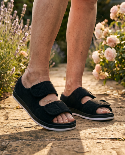Adjustable Comfort Sandal worn on a garden walk — straps let out for afternoon swelling